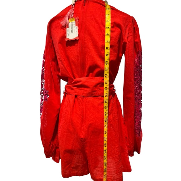 Chelsea & Violet Boho Embroidered Lace Sleeve Romper Red Pink M - Picture 8 of 11